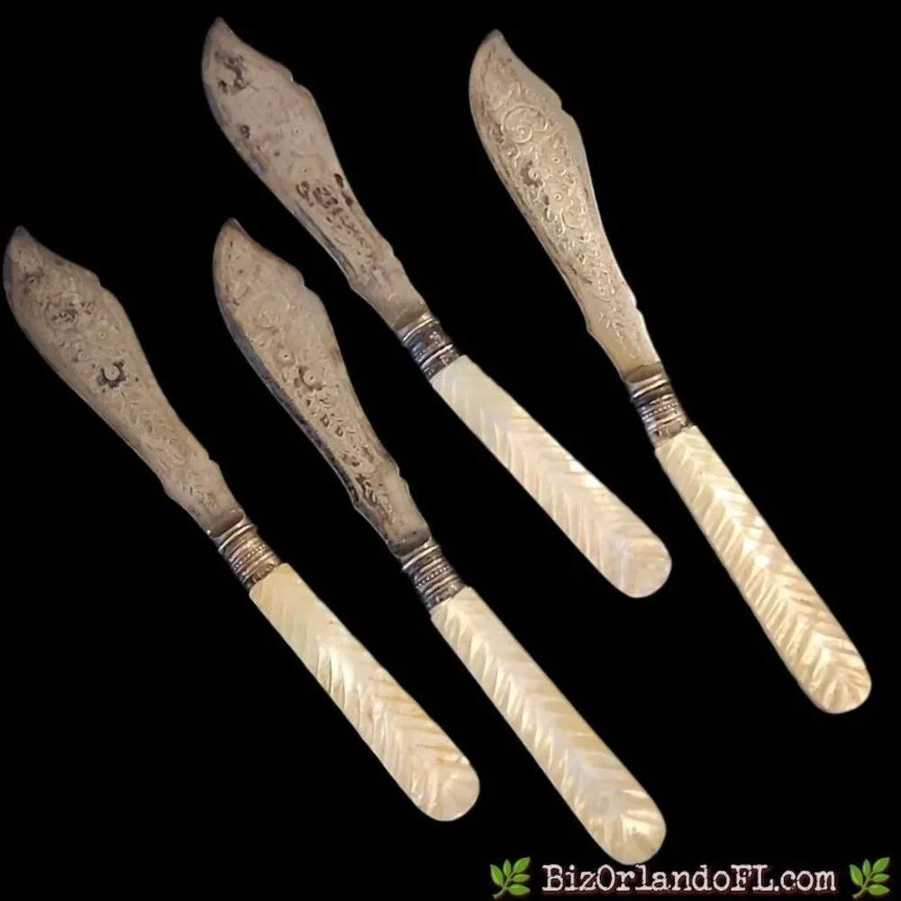 Antique Mother of Pearl Fish Set 4 Knives 4 Forks Chevron Carved Silverplate 8pc